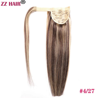 ZZHAIR 100% Human Hair Extensions 16"-26" Magic Wrap Around Ponytail 140g Clip In  Machine Made Remy Horsetail Stragiht