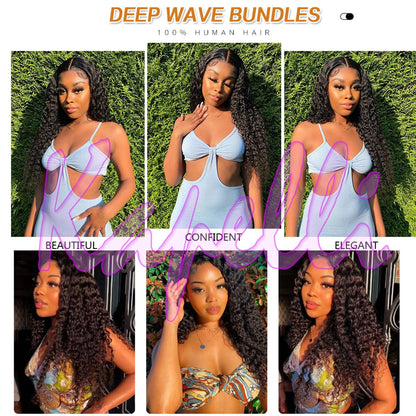 Deep Wave Human Hair Bundles with Closure 4x4 13x4 HD Lace Brazilian Remy Unprocessed Weaving Curly Hair Bundles Extensions Deal