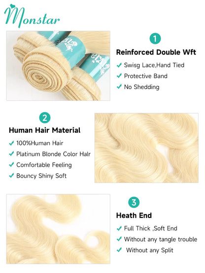 Monstar 1/3/4 613 Blonde Hair Extension Brazilian Hair Weave Bundles Body Wave Remy Human Hair Long 26 28 30 32 34 36 38 40 Inch