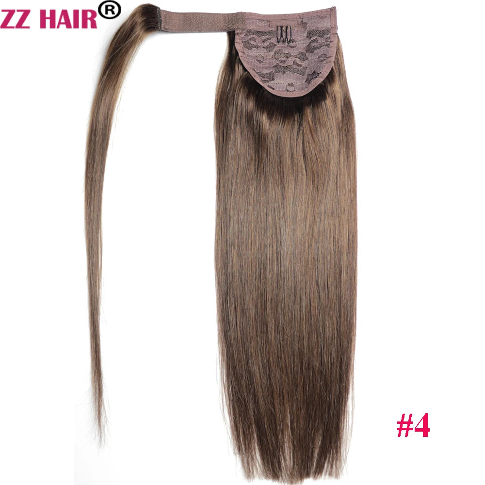 ZZHAIR 100% Human Hair Extensions 16"-26" Magic Wrap Around Ponytail 140g Clip In  Machine Made Remy Horsetail Stragiht