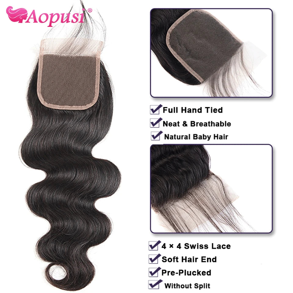 Aopusi Body Wave Bundles With Closure Brazilian Human Hair Weave Bundles With Closure Hair Extension 3/4 Bundles With Closure