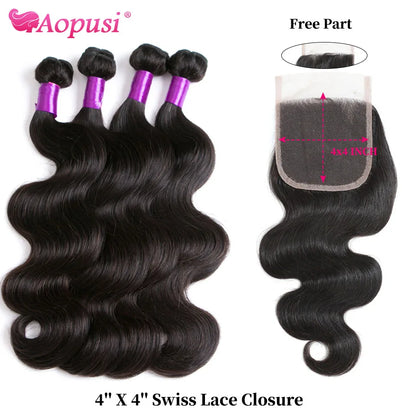 Aopusi Body Wave Bundles With Closure Brazilian Human Hair Weave Bundles With Closure Hair Extension 3/4 Bundles With Closure