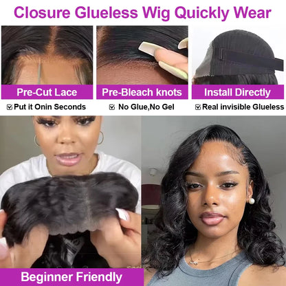 Short Bob Wig 13x4 Body Wave Glueless Wig Human Hair Brazilian Ready To Go Lace Frontal Wig Pre Cut No Glue For Women Preplucked