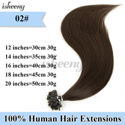 Nail U Tip Hair Extensions 100% Real Human Hair Natural Straight Kertain Hair Extensions 12-20 inches 30g/pack for Women Isheeny