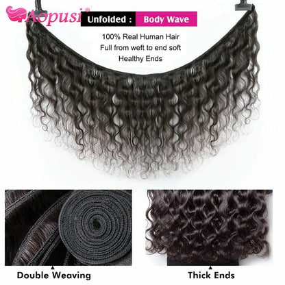 Aopusi Body Wave Bundles With Closure Brazilian Human Hair Weave Bundles With Closure Hair Extension 3/4 Bundles With Closure