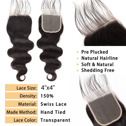 Human Hair Bundles with Closure Body Wave Brazilian Virgin Human Hair Weave 3 Bundles with 4x4 Lace Closure Natural Black Color