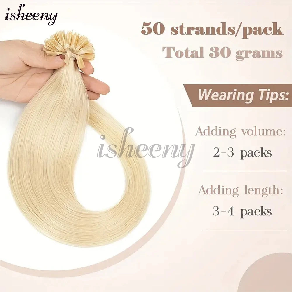 Nail U Tip Hair Extensions 100% Real Human Hair Natural Straight Kertain Hair Extensions 12-20 inches 30g/pack for Women Isheeny