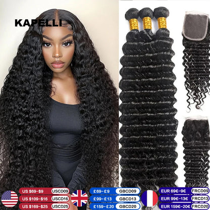 Deep Wave Human Hair Bundles with Closure 4x4 13x4 HD Lace Brazilian Remy Unprocessed Weaving Curly Hair Bundles Extensions Deal