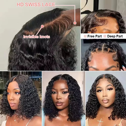 10-14 Inch Short Curly Bob Wig 13x4 HD Transparent Lace Frontal Wig 100% Human Hair 200 Density Deep Wig Pre Plucked For Women