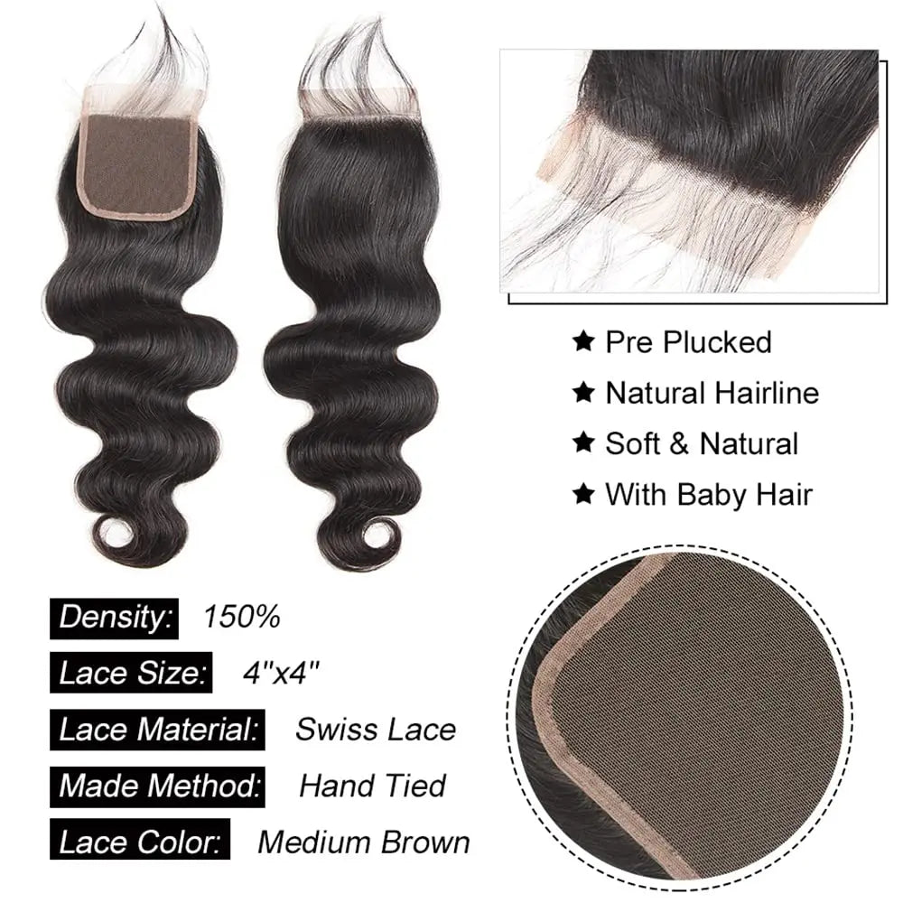 Human Hair Bundles with Closure Body Wave Brazilian Virgin Human Hair Weave 3 Bundles with 4x4 Lace Closure Natural Black Color