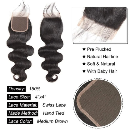 Human Hair Bundles with Closure Body Wave Brazilian Virgin Human Hair Weave 3 Bundles with 4x4 Lace Closure Natural Black Color