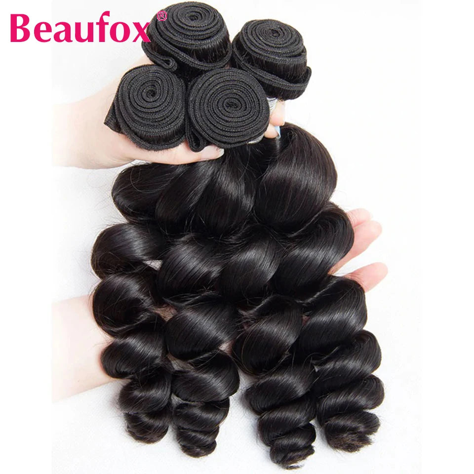 Beaufox Loose Wave Human Hair Bundles With Closure Indian Hair Weave 3/4 Bundles With Lace Closure Wavy Human Hair Extensions