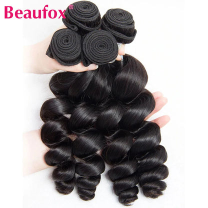 Beaufox Loose Wave Human Hair Bundles With Closure Indian Hair Weave 3/4 Bundles With Lace Closure Wavy Human Hair Extensions
