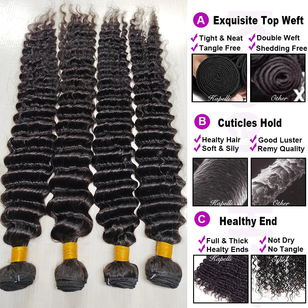 Deep Wave Human Hair Bundles with Closure 4x4 13x4 HD Lace Brazilian Remy Unprocessed Weaving Curly Hair Bundles Extensions Deal