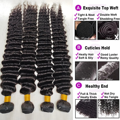 Deep Wave Human Hair Bundles with Closure 4x4 13x4 HD Lace Brazilian Remy Unprocessed Weaving Curly Hair Bundles Extensions Deal