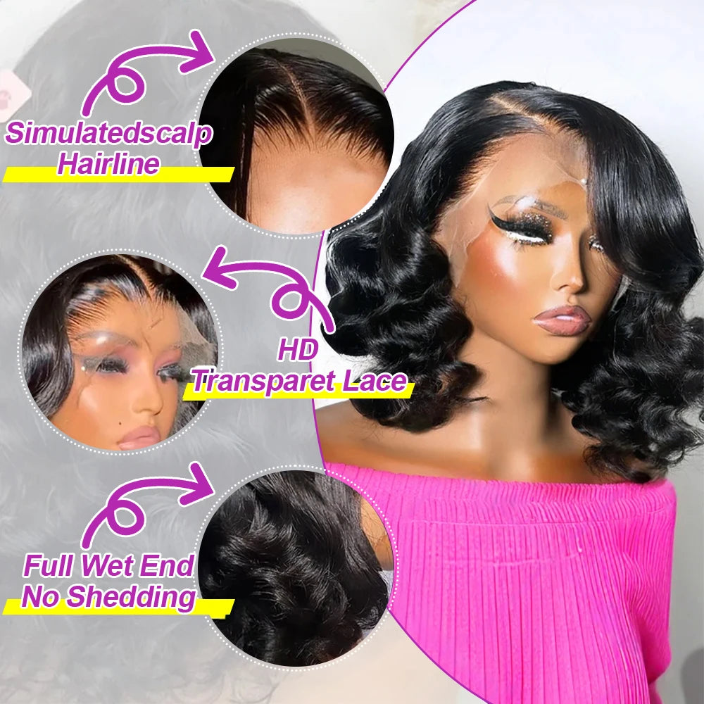 Body Wave HD Lace Frontal Wig 250% Short Bob Wig Glueless Human Hair Water Wavy 13x4 13x6 Transparent Lace Front Wigs For Women