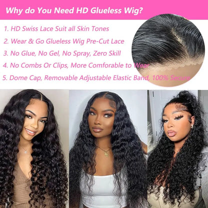 Glueless Wig Deep Wave Human Hair Wigs Ready To Wear Pre-Cut Lace Wear And Go Glueless Wigs Lace Front Human Hair Wig For Women