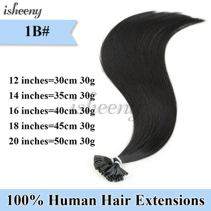 Nail U Tip Hair Extensions 100% Real Human Hair Natural Straight Kertain Hair Extensions 12-20 inches 30g/pack for Women Isheeny