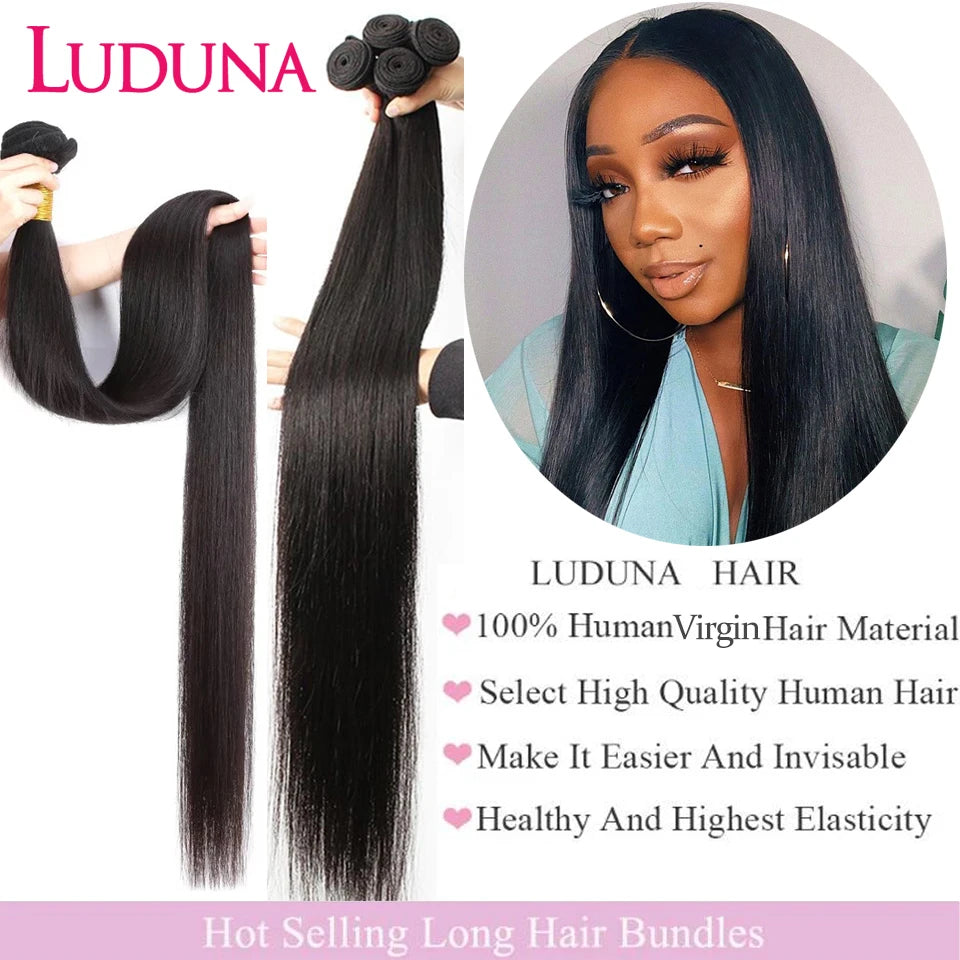Luduna Straight Bundles Human Hair Brazilian Human Hair Bundles Remy Extensions 1/3/4 Bundle Deal Weave Double Weft Hair Weaving