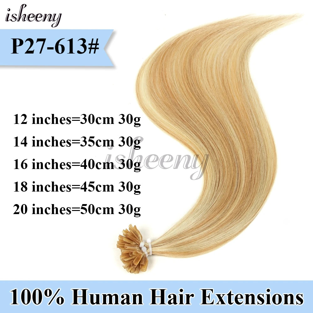 Nail U Tip Hair Extensions 100% Real Human Hair Natural Straight Kertain Hair Extensions 12-20 inches 30g/pack for Women Isheeny