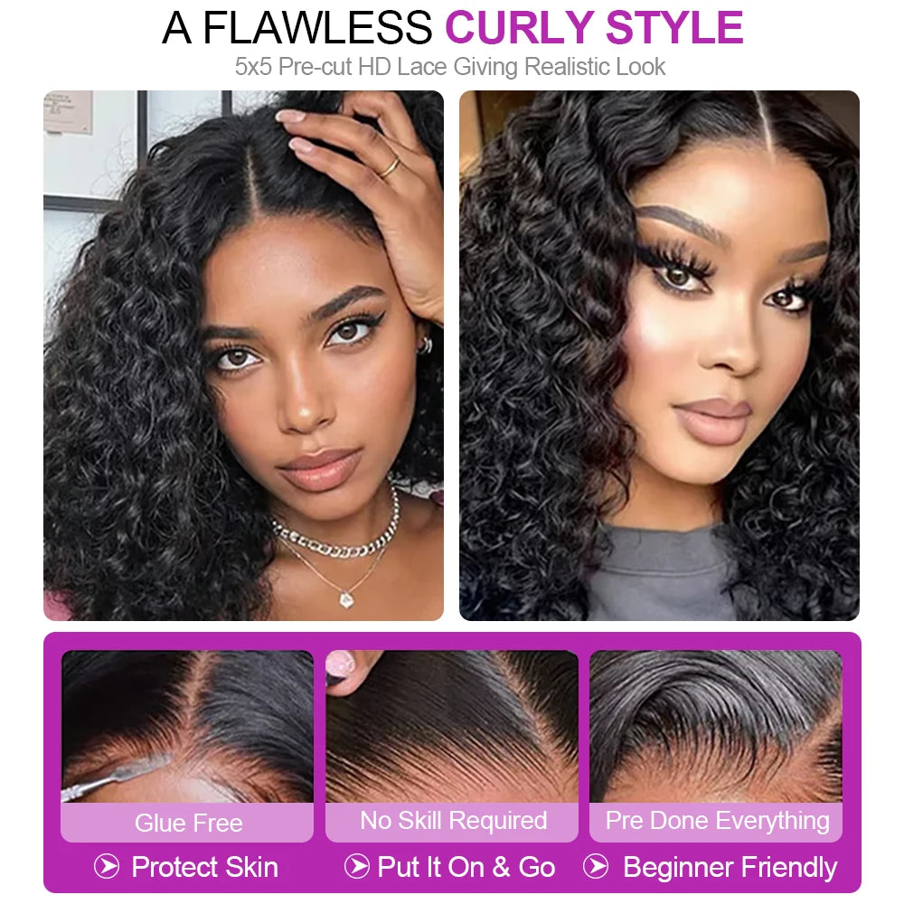 Curly Short Bob Wig Human Hair Deep Wave Glueless Wear And Go 13X6 Hd Lace Front Water Curls Human Hair Lace Frontal Vietnamese