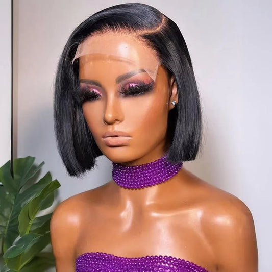 13x4 HD Bone Straight Lace Frontal Human Hair Brazilian 100% Short Bob Wig For Women 220% Straight Lace Front Bob Wigs ﻿