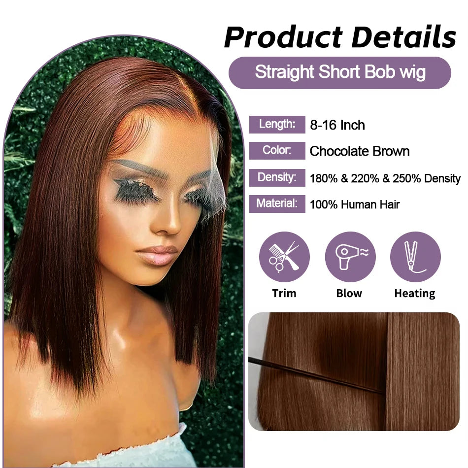 Short Human Hair Wigs Bob Wig Human Hair 100% Chocolate Brown 13X6 Hd Lace 13X4 Brown Wigs Wear And Go Glueless Human Hair Wig