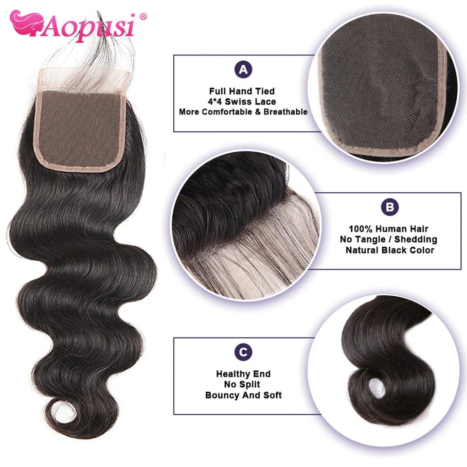 Aopusi Body Wave Bundles With Closure Brazilian Human Hair Weave Bundles With Closure Hair Extension 3/4 Bundles With Closure