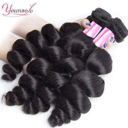 Younsolo Human Hair Loose Wave Bundles With Closure Brazilian Human Hair 3/4 Bundles With Lace Closure Loose wave Hair Extension