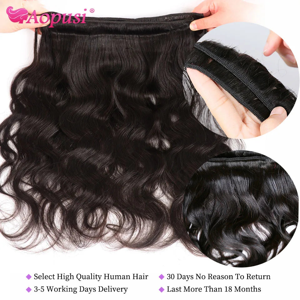 Aopusi Body Wave Bundles With Closure Brazilian Human Hair Weave Bundles With Closure Hair Extension 3/4 Bundles With Closure