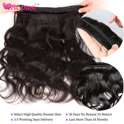 Aopusi Body Wave Bundles With Closure Brazilian Human Hair Weave Bundles With Closure Hair Extension 3/4 Bundles With Closure