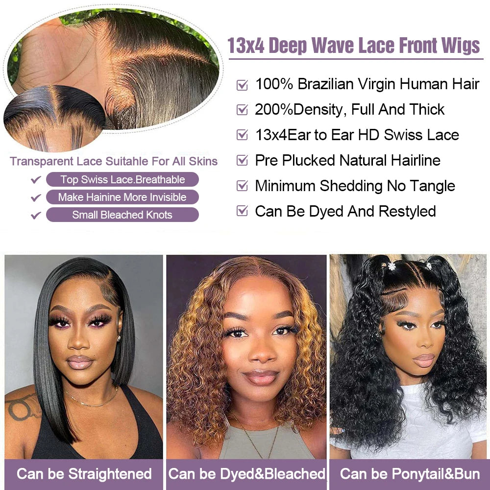 Curly Short Bob Wig Human Hair Deep Wave Glueless Wear And Go 13X6 Hd Lace Front Water Curls Human Hair Lace Frontal Vietnamese