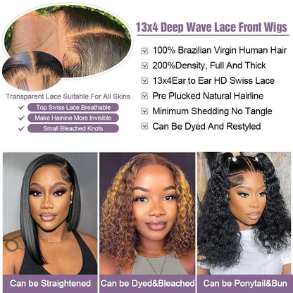 Curly Short Bob Wig Human Hair Deep Wave Glueless Wear And Go 13X6 Hd Lace Front Water Curls Human Hair Lace Frontal Vietnamese