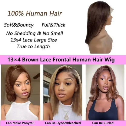 Straight Bob Wig Human Hair Color #4 Chocolate Brown HD Lace Front Wig 13x4 Lace Front Wigs Human Hair Pre Plucked 200% Density