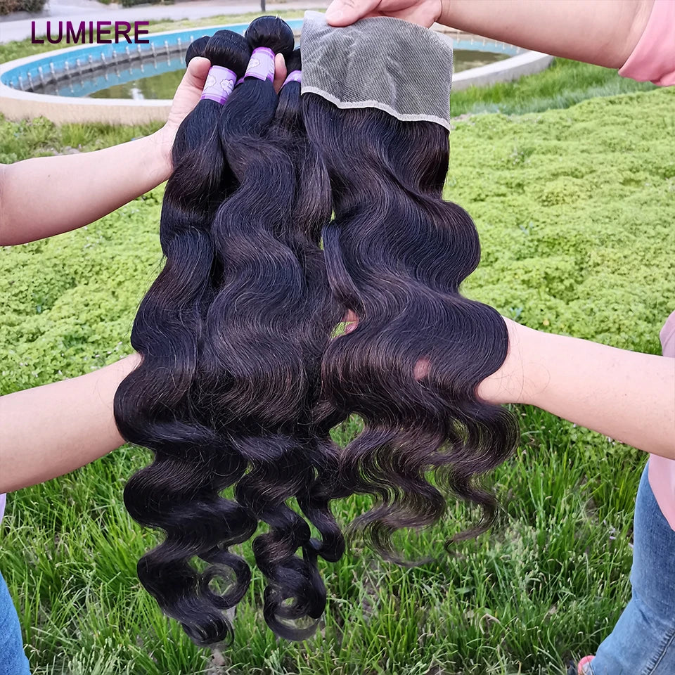28 32" Body Wave Human Hair Bundle with Closure Frontal HD Transparent Lace Closure And Bundle 100% Virgin Human Hair Extension