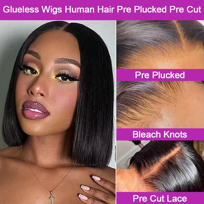 13x6 HD Lace Frontal Short Bob Wig Bone Straight Glueless Pre Cut 7x5 Closure Wig Ready to Wear 100% Human Hair Wig Preplucked