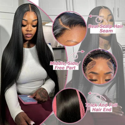 Straight Human Hair Wig Glueless 13X6 Hd Lace Frontal Wigs 40 Inch Lace Front Wigs Brazilian 250 Density Natural Color For Women
