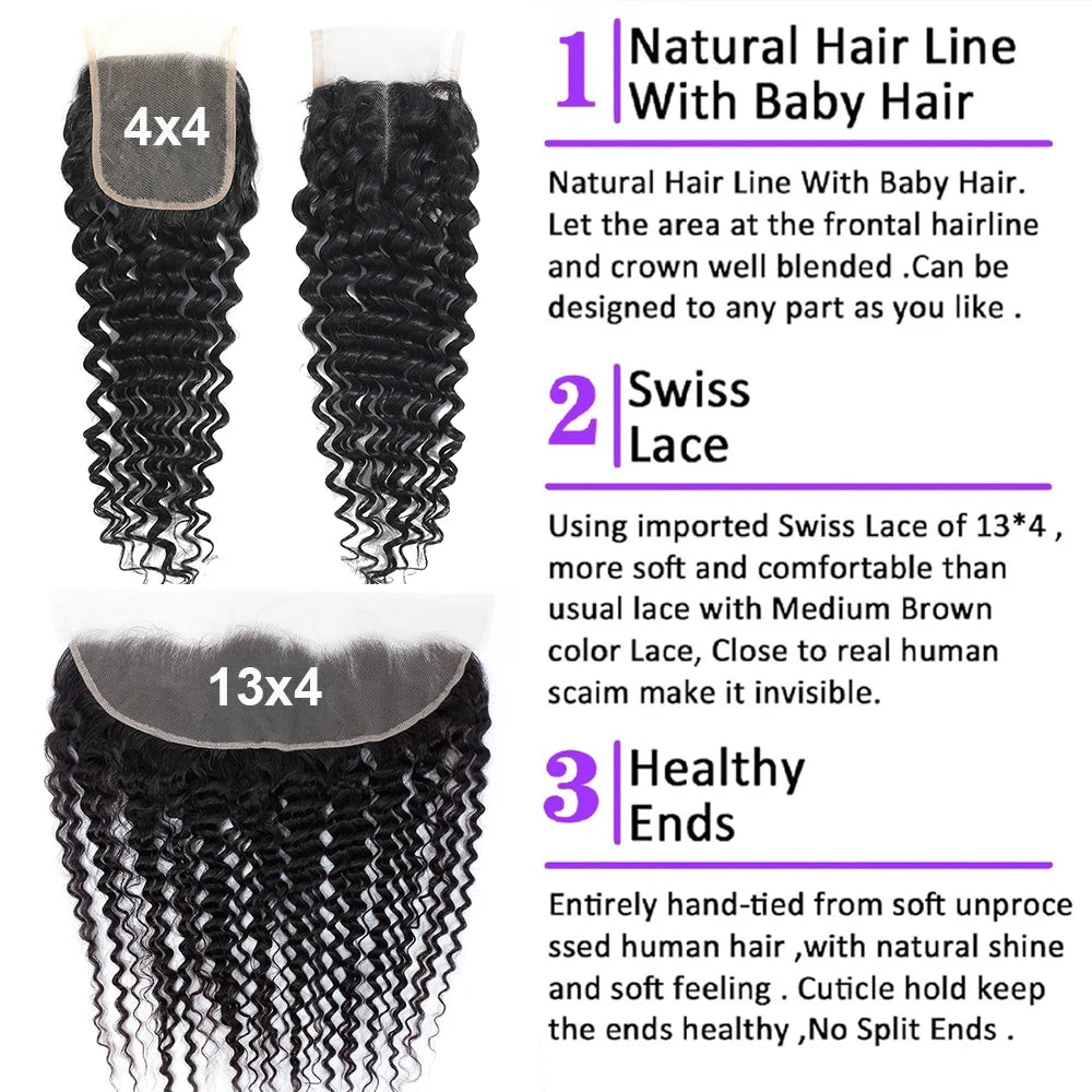 Deep Wave Human Hair Bundles with Closure 4x4 13x4 HD Lace Brazilian Remy Unprocessed Weaving Curly Hair Bundles Extensions Deal
