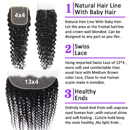 Deep Wave Human Hair Bundles with Closure 4x4 13x4 HD Lace Brazilian Remy Unprocessed Weaving Curly Hair Bundles Extensions Deal
