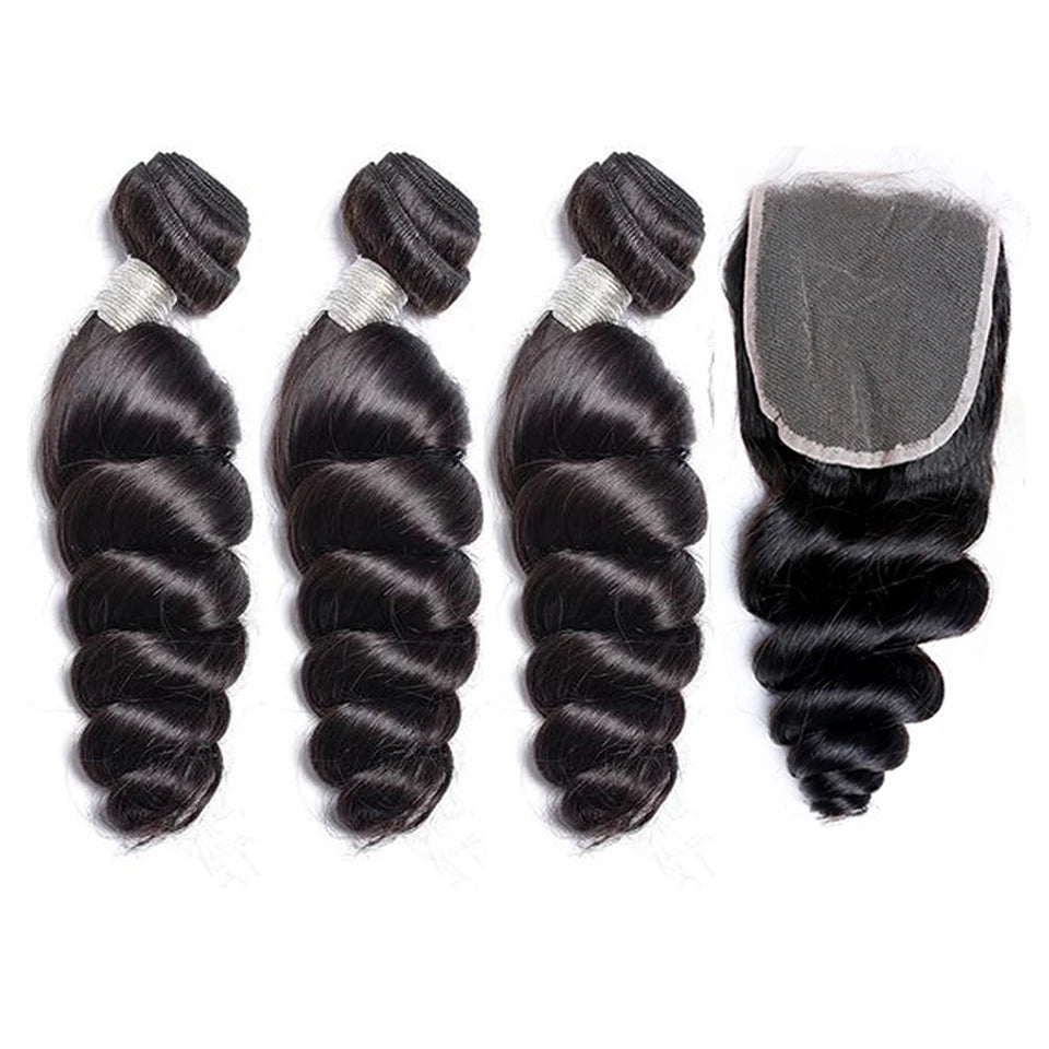 Beaufox Loose Wave Human Hair Bundles With Closure Indian Hair Weave 3/4 Bundles With Lace Closure Wavy Human Hair Extensions