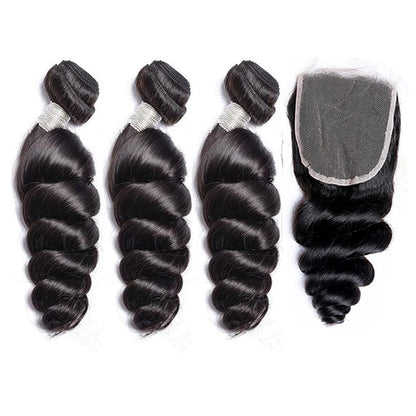 Beaufox Loose Wave Human Hair Bundles With Closure Indian Hair Weave 3/4 Bundles With Lace Closure Wavy Human Hair Extensions