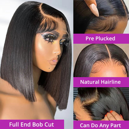 13x6 HD Lace Frontal Short Bob Wig Bone Straight Glueless Pre Cut 7x5 Closure Wig Ready to Wear 100% Human Hair Wig Preplucked