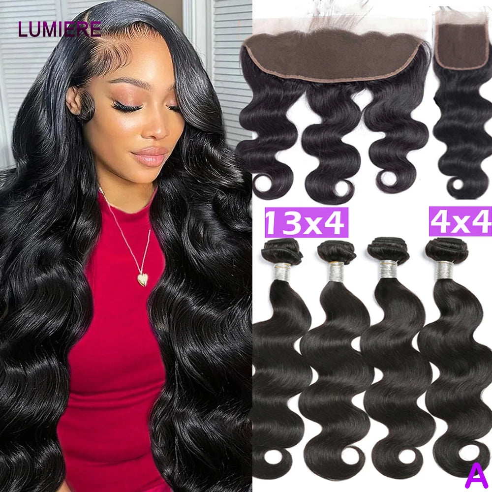 28 32" Body Wave Human Hair Bundle with Closure Frontal HD Transparent Lace Closure And Bundle 100% Virgin Human Hair Extension