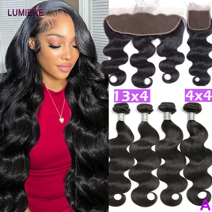 28 32" Body Wave Human Hair Bundle with Closure Frontal HD Transparent Lace Closure And Bundle 100% Virgin Human Hair Extension