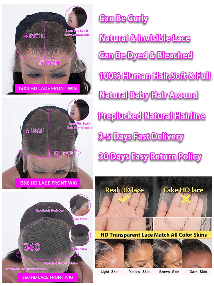 200 Density Body Wave 13x6 HD Transparent Lace Front Human Hair Wigs For Women 13x4 360 Lace Frontal Brazilian Wigs Pre Plucke