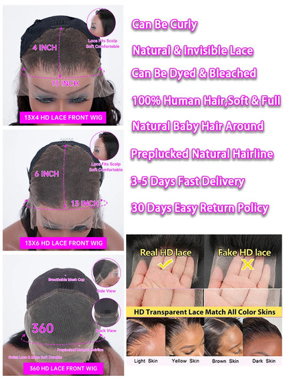 200 Density Body Wave 13x6 HD Transparent Lace Front Human Hair Wigs For Women 13x4 360 Lace Frontal Brazilian Wigs Pre Plucke