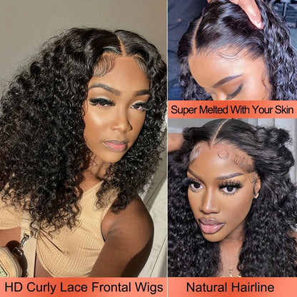 10-14 Inch Short Curly Bob Wig 13x4 HD Transparent Lace Frontal Wig 100% Human Hair 200 Density Deep Wig Pre Plucked For Women