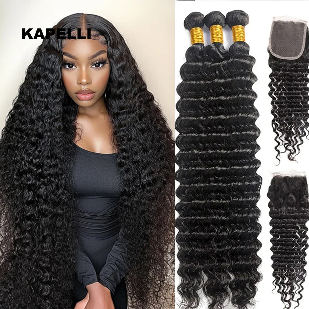 Deep Wave Human Hair Bundles with Closure 4x4 13x4 HD Lace Brazilian Remy Unprocessed Weaving Curly Hair Bundles Extensions Deal