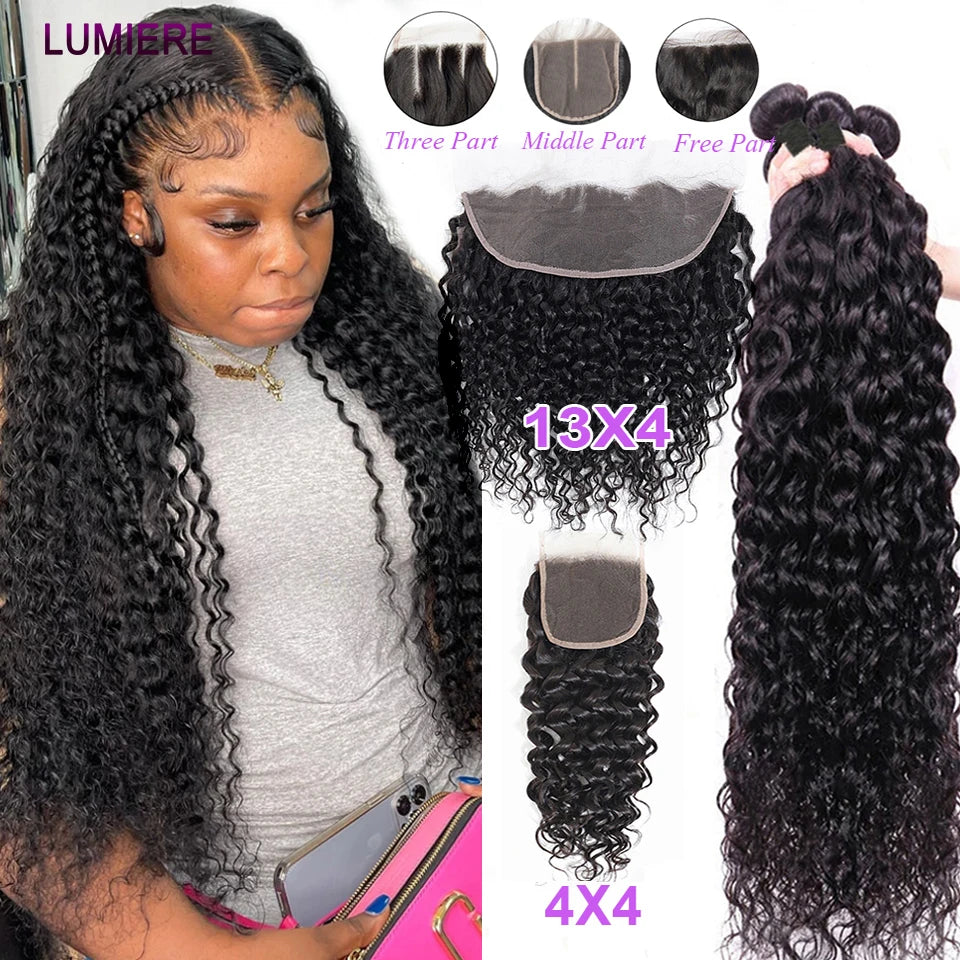 Water Wave Bundle With Closure Wet and Wavy Curly 100% Virgin Raw Jerry Curly Human Hair Bundle With Frontal Hair Extension 18A