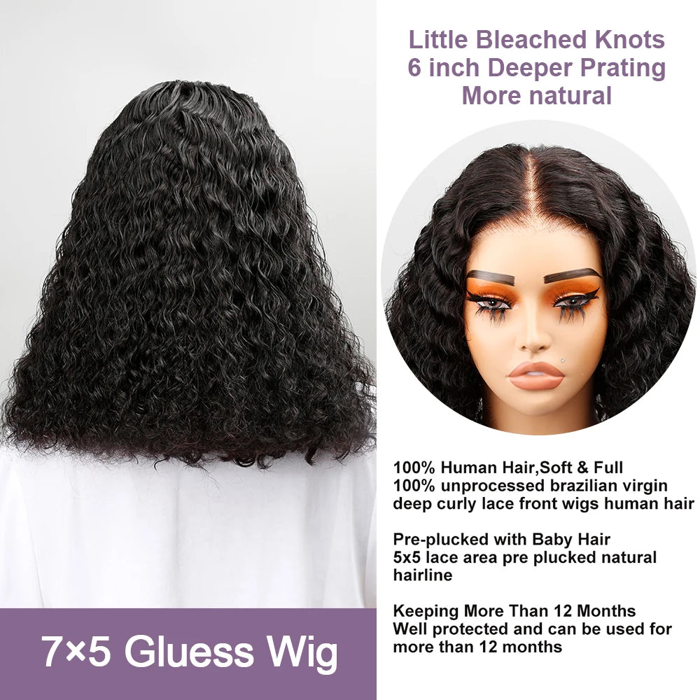 Curly Short Bob Wig Human Hair Deep Wave Glueless Wear And Go 13X6 Hd Lace Front Water Curls Human Hair Lace Frontal Vietnamese